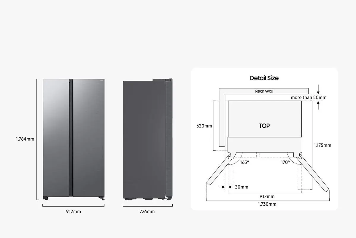 Abmessungen der Samsung RS70F64KETEU Kühl-Gefrierkombination
