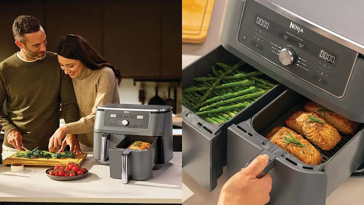 Ninja DZ400UK Max Dual Zone Air Fryer mit geöffneten Schubladen